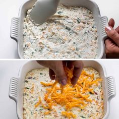 two images showing how to make cheesy dip in a casserole dish