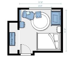 a floor plan for a small bedroom with a bed, couch and desk in it