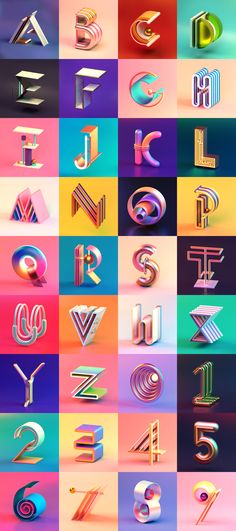 the different types of letters and numbers are shown in multiple colors, including pink, blue,