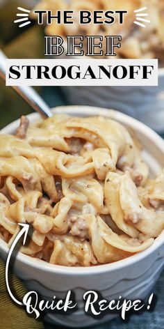 an image of a bowl of pasta with the words, the best italian stroganooffi quick recipe