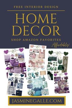 the home decor flyer is shown in purple and gold