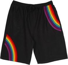 Simple black casual Shyama cotton shorts with rainbow stripes design are a bright addition to a casual summer wardrobe.  These unisex striped shorts feature two side pockets and a back pocket with a rainbow swirl design on them. #tlb #Rainbow #Pocket #vacationclothing #beachwrap #RainbowShorts Pride Clothing Ideas, Casual Rainbow Bottoms For Pride, Rainbow Cotton Shorts For Summer, Casual Rainbow Cotton Bottoms, Summer Rainbow Cotton Bottoms, Casual Rainbow Bottoms For Summer, Rainbow Colored Casual Bottoms For Summer, Casual Rainbow-colored Short Bottoms, Casual Rainbow Shorts For Spring