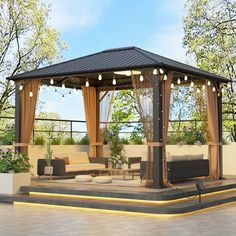 a gazebo sitting on top of a patio surrounded by trees