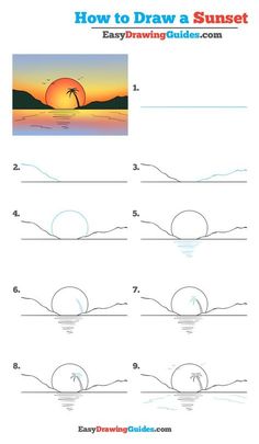 how to draw a sunset step by step instructions for children and adults, easy drawing guides