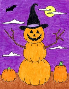 a drawing of a pumpkin sitting on top of a pile of hay with a witch's hat