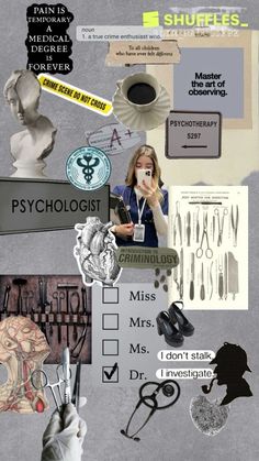 the collage shows different types of objects and text on it, including paper, scissors,