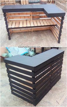 an outdoor bench made out of pallets and wooden slats is shown in two different views