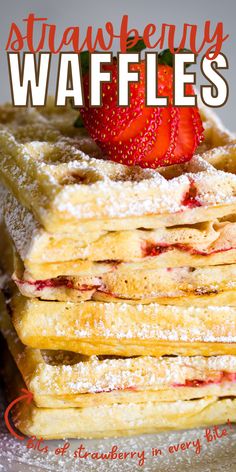 stack of strawberry waffles on plate topped with powdered sugar and a strawberry Strawberry Belgian Waffles, Vanilla Waffle Recipe, Strawberry Waffles Recipe, Krusteaz Pancake Mix Recipes, Waffle Mix Recipe, Waffle Mix Recipes, Cleverly Simple, Taffy Recipe, Waffle Batter