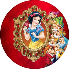 snow white and the seven dwarfs are depicted in this disney princess portrait on a red background