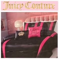 an advertisement for juicy couture featuring black and pink bedding with gold accents