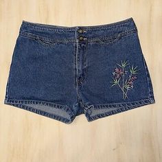 Vintage 90’s Denim Shorts Jr Size 9 Embroidered Floral Hippie Retro Boho EUC  | eBay Vintage Floral Embroidered Bottoms For Summer, Vintage Embroidered Summer Bottoms, Casual High Waist Floral Embroidery Jean Shorts, Casual High Waist Jean Shorts With Floral Embroidery, Casual Denim Jean Shorts With Floral Embroidery, Vintage Embroidered Denim Blue Bottoms, Embroidered Medium Wash Denim Jean Shorts, Casual Embroidered Mid-rise Jean Shorts, Casual Mid-rise Embroidered Jean Shorts