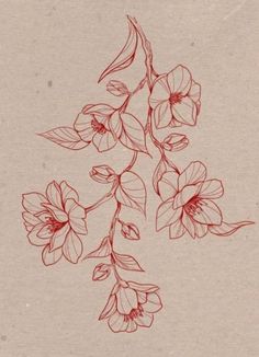 a drawing of some flowers on a piece of brown paper with red ink in it