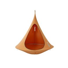 an orange hanging chair on a white background with a hook in the center and two hooks attached to it