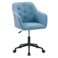 a blue office chair with wheels on an isolated white background