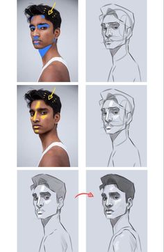 the stages of how to draw a man's face with different angles and colors