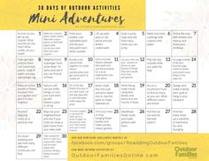 a printable mini adventure calendar with the words 30 days of outdoor activities on it