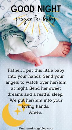 a baby laying on top of a bed with the words good night prayer for baby