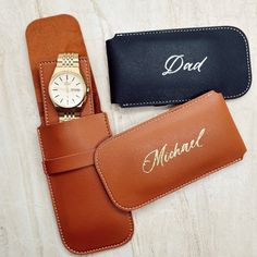 Personalize these faux leather travel watch cases with hand-written calligraphy engraved directly into the material with gold leaf or white! Add a name or phrase (up to 3 words) on the back of each personalized travel watch holder. A watch pouch is perfect for meaning Christmas gift ideas for men, dad stocking stuffers, boyfriend Christmas gifts, boyfriend stocking stuffers, and great travel gifts for men or any traveler gift.  They are also great women's travel gift ideas! The text is hand lett Dad Stocking Stuffers, Boyfriend Stocking Stuffers, Officiant Gift, Groomsmen Proposal Gifts, Personalized Watches, Watch Engraving, Watch Holder, Groomsmen Proposal, Watch Gift