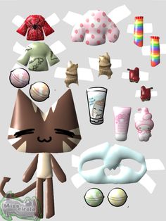 an image of various items that are in the shape of a cat on a gray background