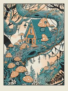 a drawing of a house in the woods with mushrooms on it's roof and trees around