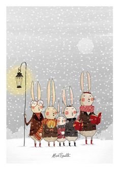 four rabbits are standing in the snow with one holding a lantern and two others wearing coats