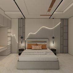 a large bed sitting in the middle of a bedroom