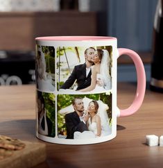 a coffee mug with three photos on it and marshmallows next to it