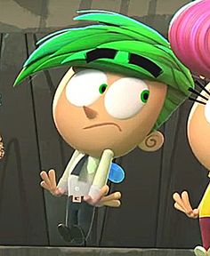 two cartoon characters standing next to each other in front of a wooden fence, one with pink hair and the other green