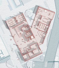 an aerial view of the floor plan of a building with two floors and three levels