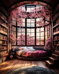 the bedroom is decorated with cherry blossom trees and bookshelves, as well as a round window