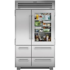 a stainless steel refrigerator with its doors open