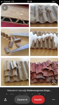 several pictures of different types of roofing shingles, including one being rolled up and then laying on the floor