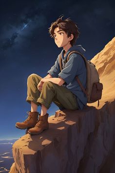 a young man sitting on top of a cliff looking at the stars in the sky