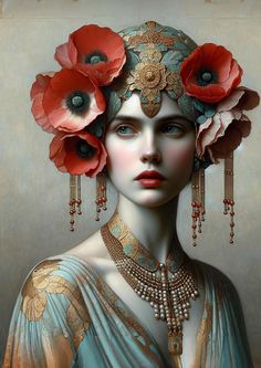 a painting of a woman with red flowers in her hair and jewelry on her head