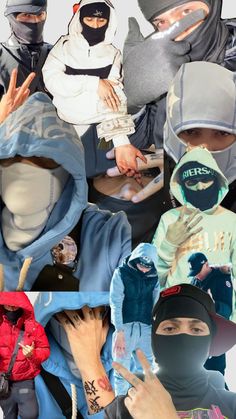 multiple photos of people wearing hoods and masks