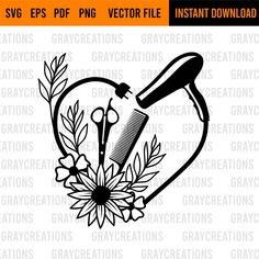 a heart with flowers, scissors and hairdryer on it in black and white