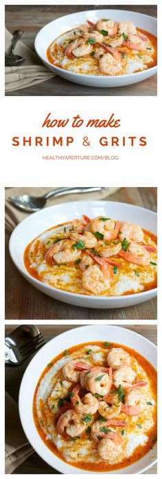 shrimp and grits in a white bowl on top of a wooden table