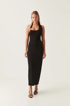 Enigma Hardware Dress | Black | Aje – Aje ROW Black Dresses Classy, Back Skirt, Black Halter Dress, Halter Midi Dress, Dress Halter, Knit Jumpsuit, Denim Accessories, Knit Midi, Knit Midi Dress