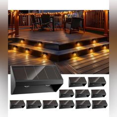 outdoor deck lighting with steps and lights on the ground in front of it, surrounded by patio furniture