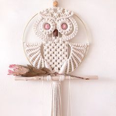 an owl is hanging on the wall next to a piece of wood and some feathers