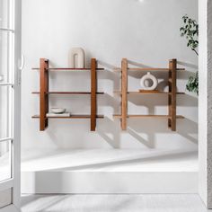 a white room with some shelves on the wall and a potted plant next to it