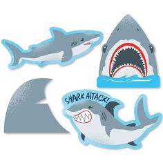 "Shark Zone shaped paper cutouts are the perfect addition to your list of party supplies. These fun character embellishments will help make all of your party crafts be extra-special, and then they can be used in the scrapbook afterward to remember the amazing Shark Zone celebration. With a hole punch and some coordinating ribbon, you can create party favor tags, napkin rings or cake garland banners. You can also attach paper die cuts to toothpicks for a fun cupcake topper. They even make awesome Makeover Playhouse, Sharknado Party, Jawsome Shark, Party Craft Ideas, Shark Themed Party, Shark Head, Spongebob Birthday Party, Small Shark, Beverage Bar