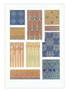 an assortment of different patterns in blue, orange and yellow colors on white paper with gold foil