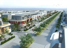 an artist's rendering of a street with buildings and palm trees