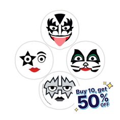 four masks with different faces are on the white background, and one is for sale