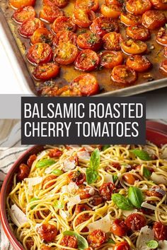 two images showing different types of pasta with tomatoes on top and the same side dish