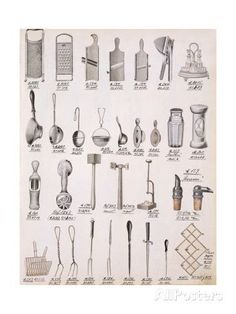 an old book with different types of kitchen utensils