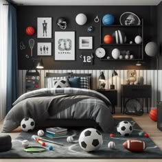 a bedroom decorated in black and white with soccer balls on the floor