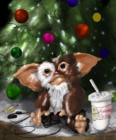 a digital painting of a baby gremo sitting in front of a christmas tree