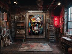 an art studio with lots of paintings on the walls and floor, including a large painting of a skull